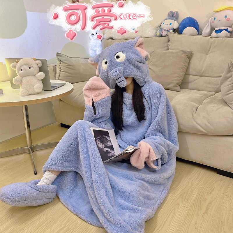 Peces feos pijamas de lana de coral de las mujeres Otoño e Invierno engrosada cálida franela con capucha camisón de invierno de longitud media homewear