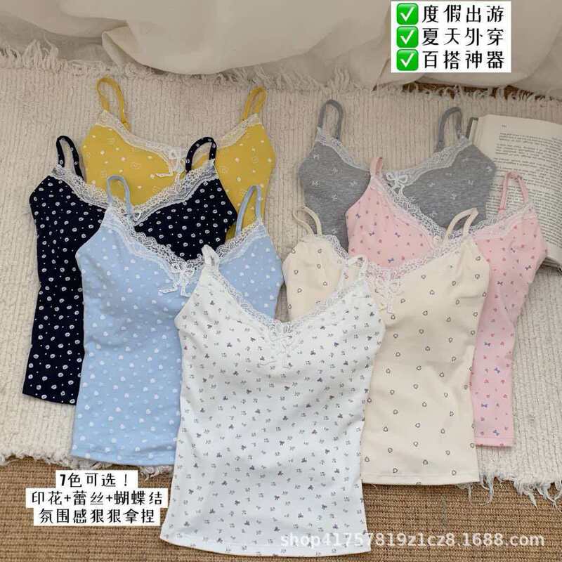 Summer Pure Desire Sweet Girl Lace Bow Floral Camisole with Chest Pads, Skin-Friendly Slim Fit Inner Wear and Outer Wear Beauty Back Tank Top Summer Pure Desire Sweet Girl Lace Bow Floral Camisole with Chest Pads, Skin-Friendly Slim Fit Inner Wear and Outer Wear Beauty Back Tank Top