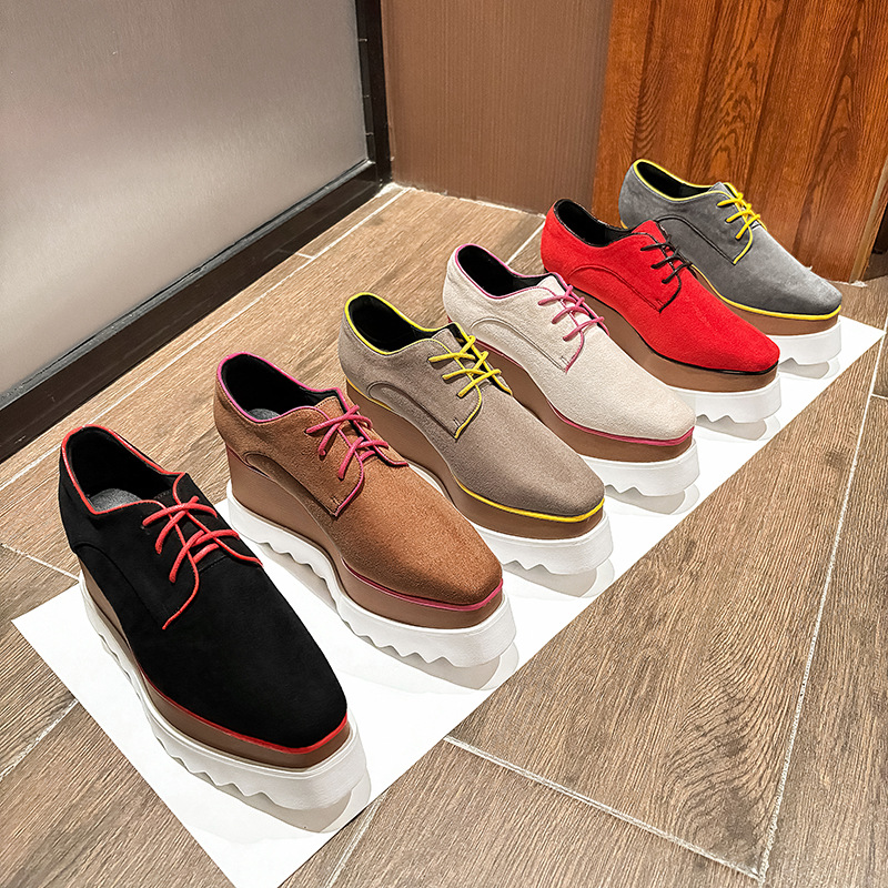 Stella Platform Shoes Women's 2024 Autumn New Style Square Hole Lace-Up Leather Suede Platform Waterproof Platform Wedge Shoes Women