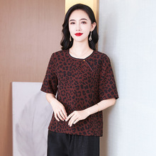 香云纱真丝T恤上衣女2025短袖圆领大码妈妈装豹纹桑蚕丝上衣小衫