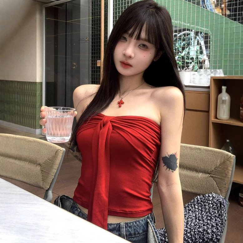 Summer Ins Pure Sexy Bow Lace-up Strapless Top Women's Summer Slim-fit Slimming Base-on Chest Wrap Top