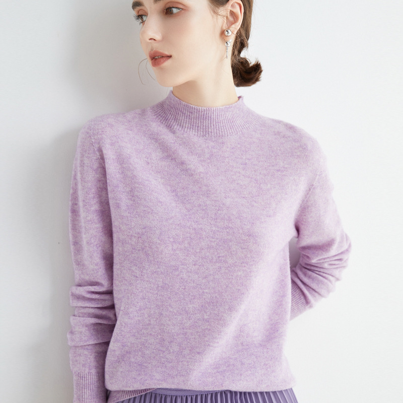 Slim-Fit Autumn Sweater for Women, Fashionable Early Half-Turtleneck, Thin and Versatile Pure Wool Sweater, Base Layer for Outerwear, Skin-Friendly