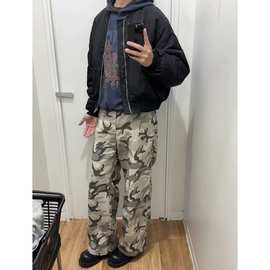 迷彩工装牛仔裤男春季美式潮牌小众直筒裤高街宽松阔腿长裤子