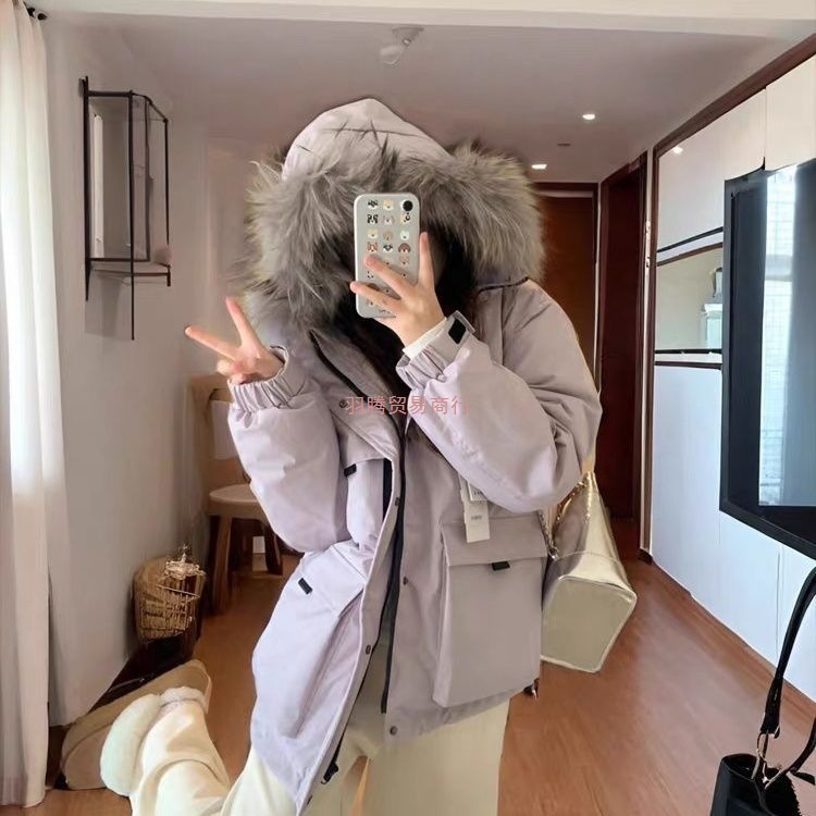 2025冬季新款韩版貉子大毛领工装羽绒服女中长款加厚宽松防风外套