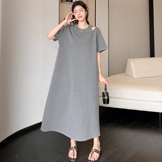 South Korea Lazy Style T-shirt dress Women's Summer Elegant Shoulder plus size Slimming Ultra-long Knee-length dress Dress