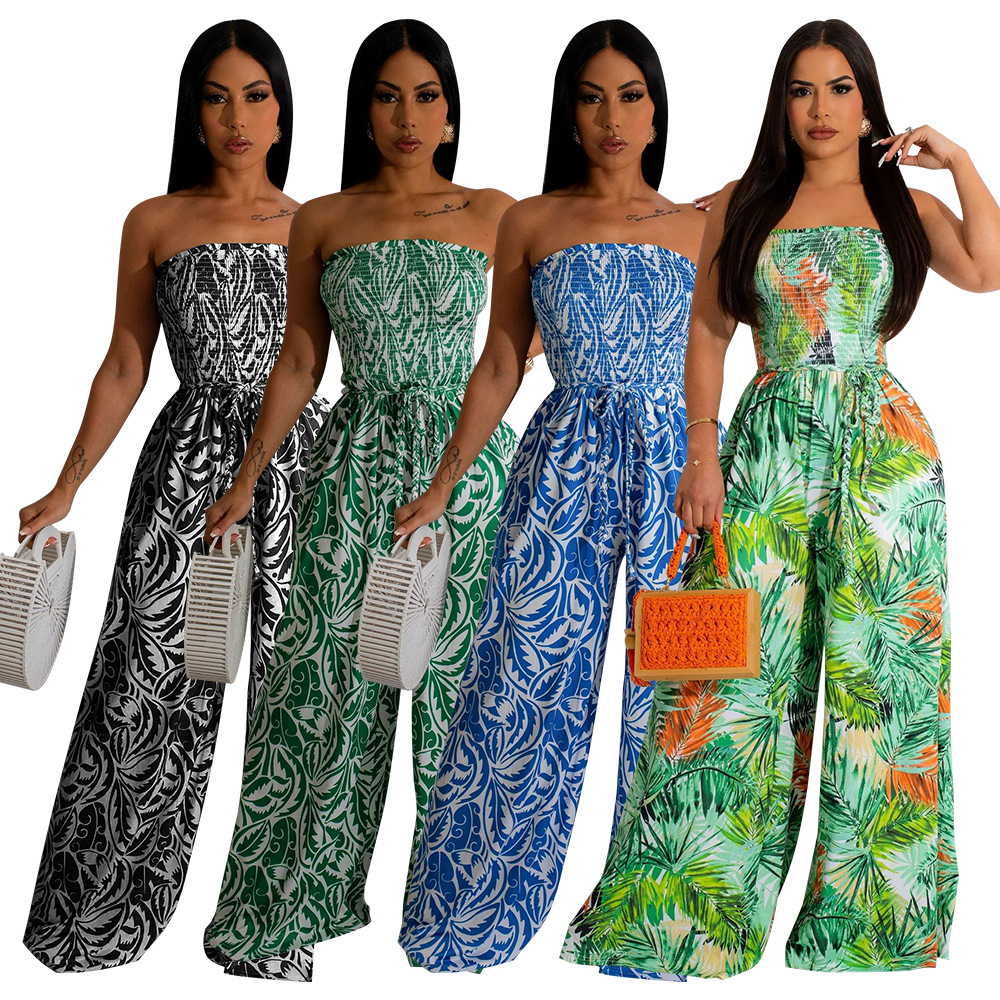 210g Weight Full Length Pants Length Polyester Fabric Type Women'S Holiday Street Streetwear Leaf Full Length Printing Backless