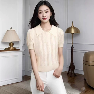 春夏锈花减龄针织衫女欧洲站新款显瘦镂空百搭翻领甜美短袖女上衣