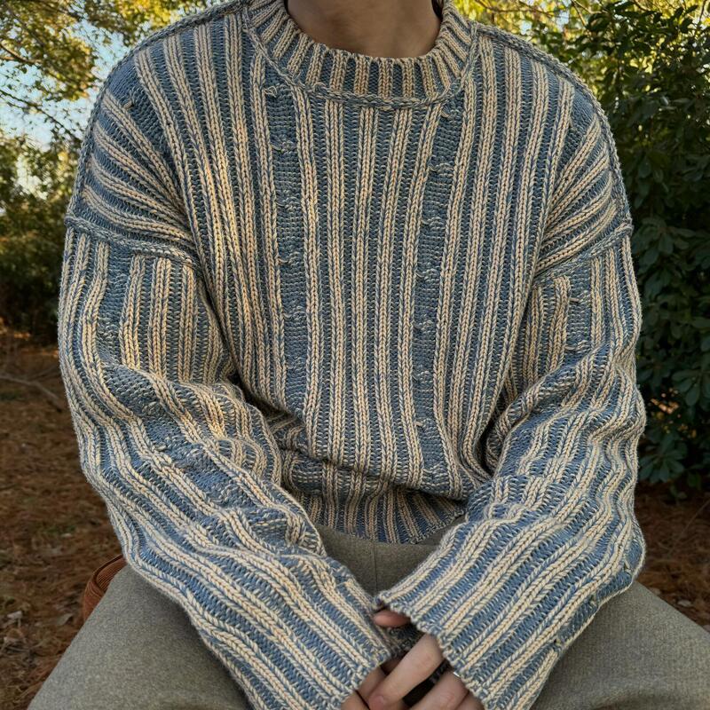 Men's Korean-style Double-sided High-end Sweater Wear Retro Striped Contrast Color Round Neck Casual Couple's Knitted Sweater Men's Korean-style Double-sided High-end Sweater Wear Retro Striped Contrast Color Round Neck Casual Couple's Knitted Sweater