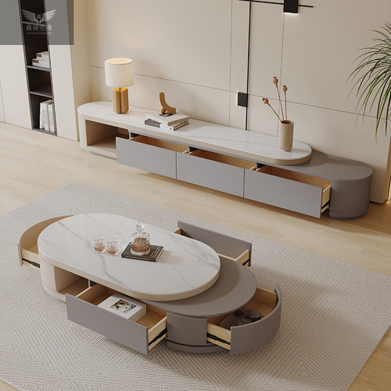 Sala de estar combinada estirada mesa de té oval moderna simple crema viento tabla de roca telescópica mesa de té gabinete de televisión tipo pequeño