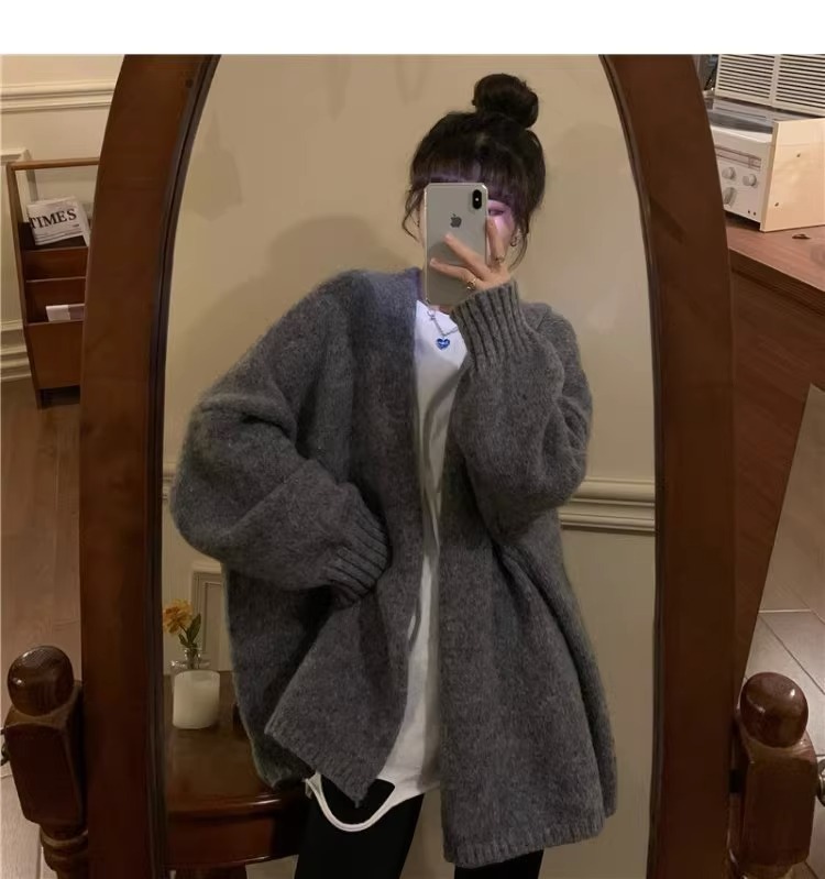 韩系软糯针织开衫女外穿秋冬季高级感宽松慵懒风中长款毛衣厚外套|undefined