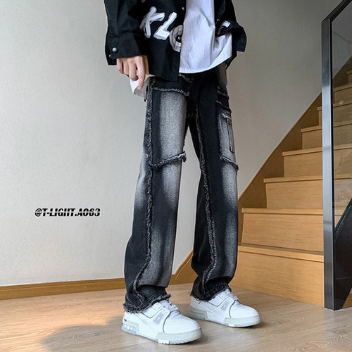 Vibe-style explosion street pants with frayed edges, heavy craftsmanship, washed workwear jeans, old-school West Coast straight-leg pants