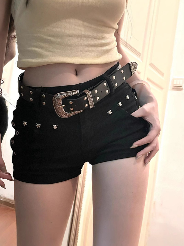 Sexy Denim Ultra-Short Shorts for Women, 2025 Black American-Style Studded Summer Hip 2K Waist Bag Hot Girl New Low-Rise
