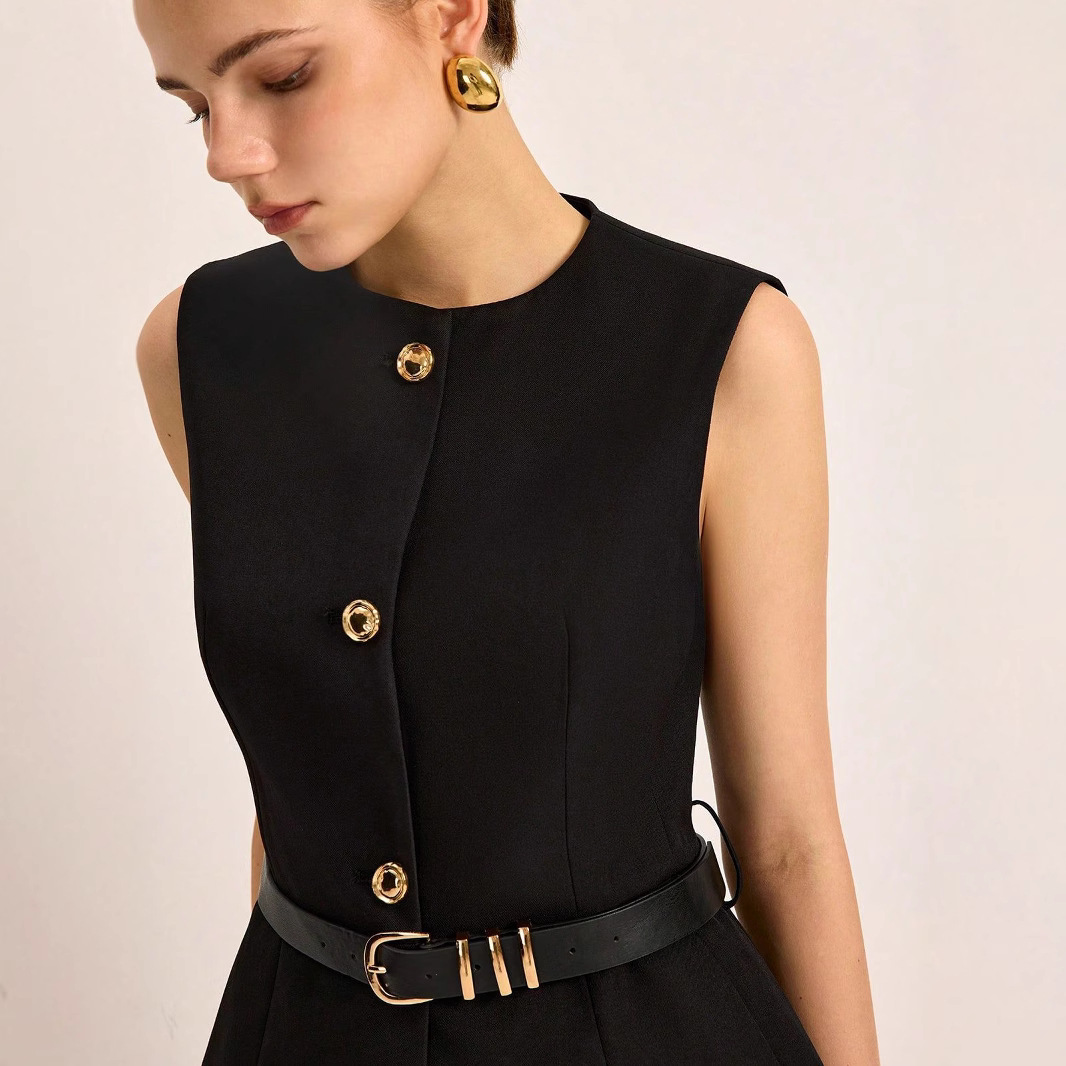 Women's Sleeveless Vest Round Neck Top With Waistband American Style Spring New Collection Regular Polyester_ecoleips.com