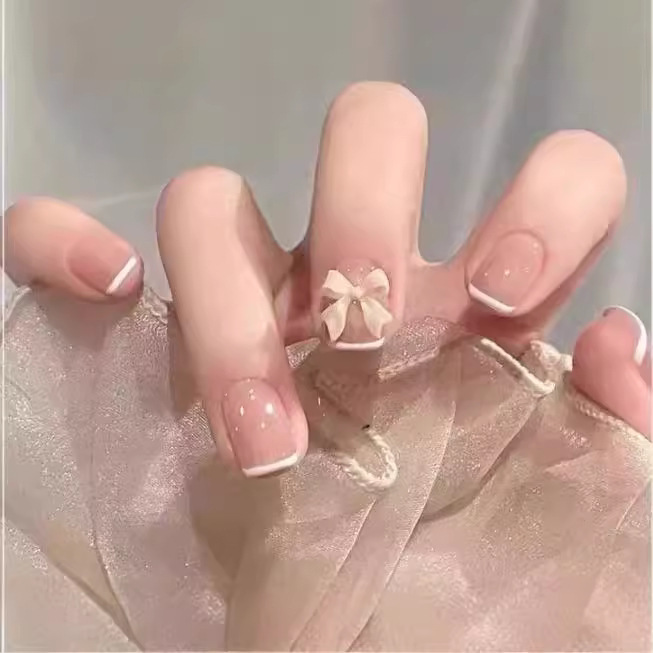 Wearing Nail Art Love Stitching White Edge French Bow Nail Art Finished Light Luxury Fake Nail Sticker Bridal Nail