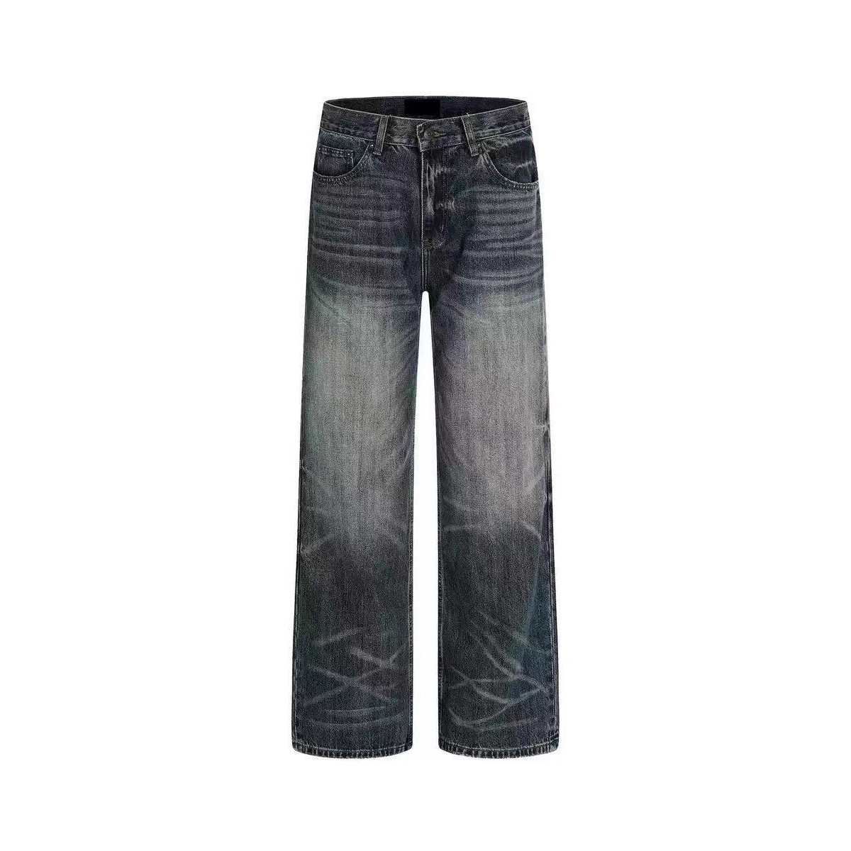 Unisex Trendy Dark Blue Straight Leg Jeans Midweight Washed Distressed Whiskered Loose Wide Leg Pants for Couples_mkmklike.com