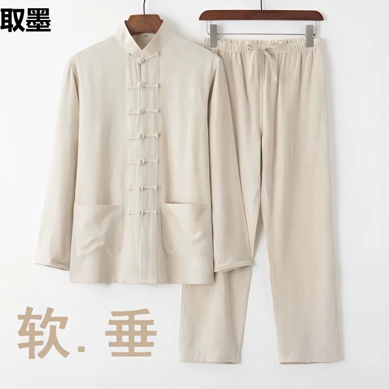 Хлопок-конопля-китайский костюм мужской китайский стиль с длинными рукавами