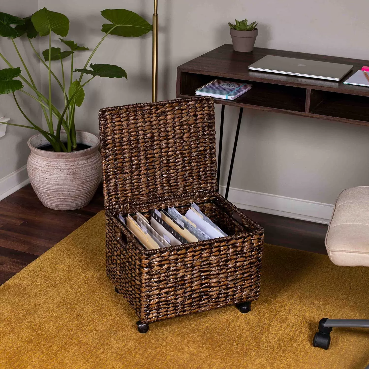 厂家定制胡芦草编织收纳文件柜，办公室可移动藤编收纳篮文件夹