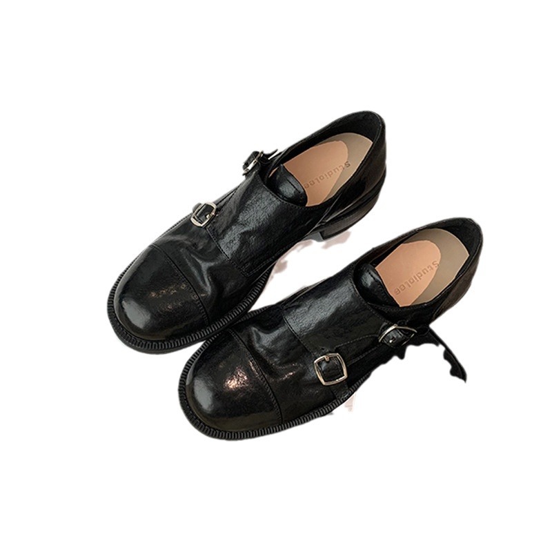 Grape Mom otoño e invierno nuevo Hatton College ~ Zapatos de cuero de estilo británico de todo fósforo de tacón grueso de punta redonda con hebilla doble