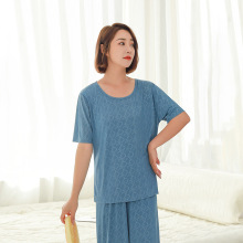 夏女士螺纹垂感家居服套装圆领冰丝短袖长裤睡衣可外穿透气内衣