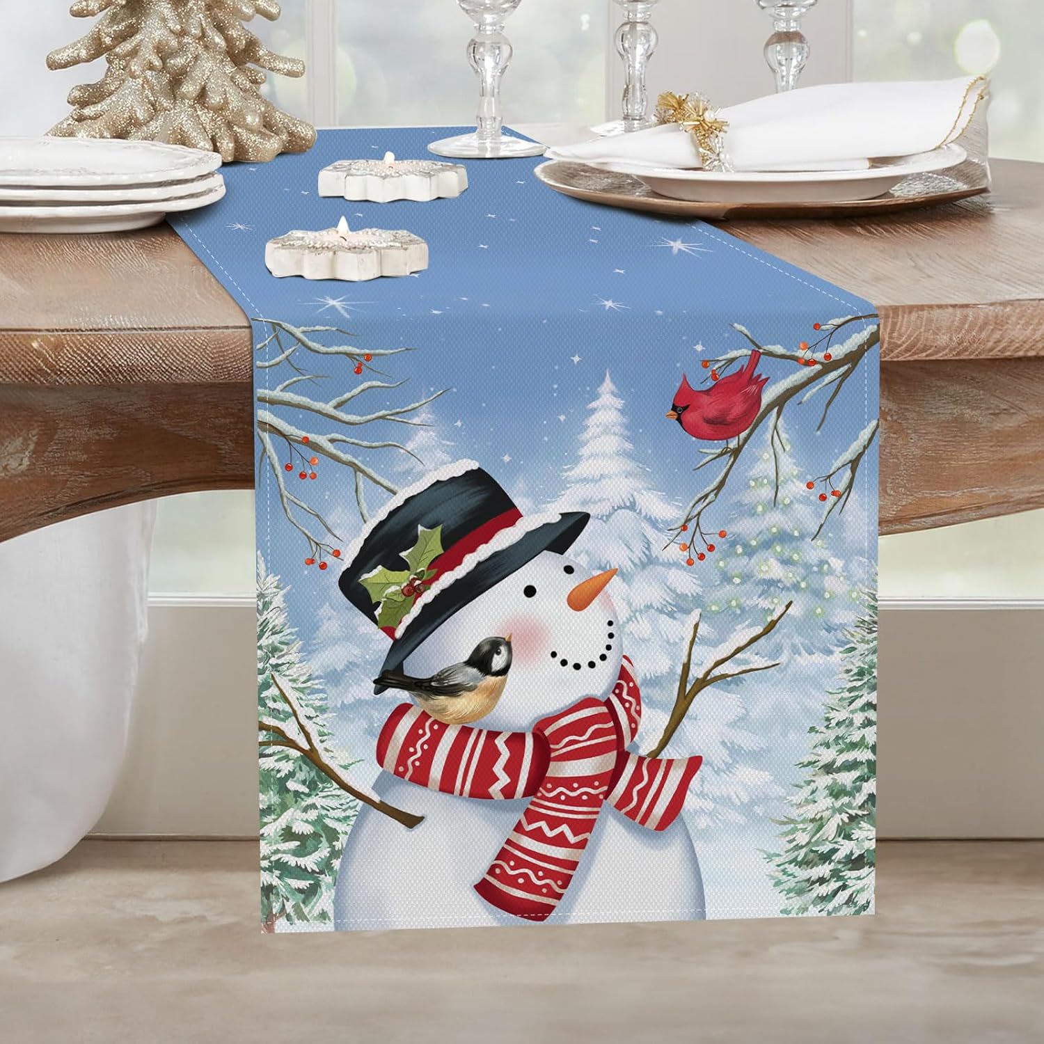 Transfronterizo 2024 Amazon nuevo invierno Navidad muñeco de nieve flocos de nieve lino tabla bandera de mesa mesa mesa de comedor bandera de té image 12