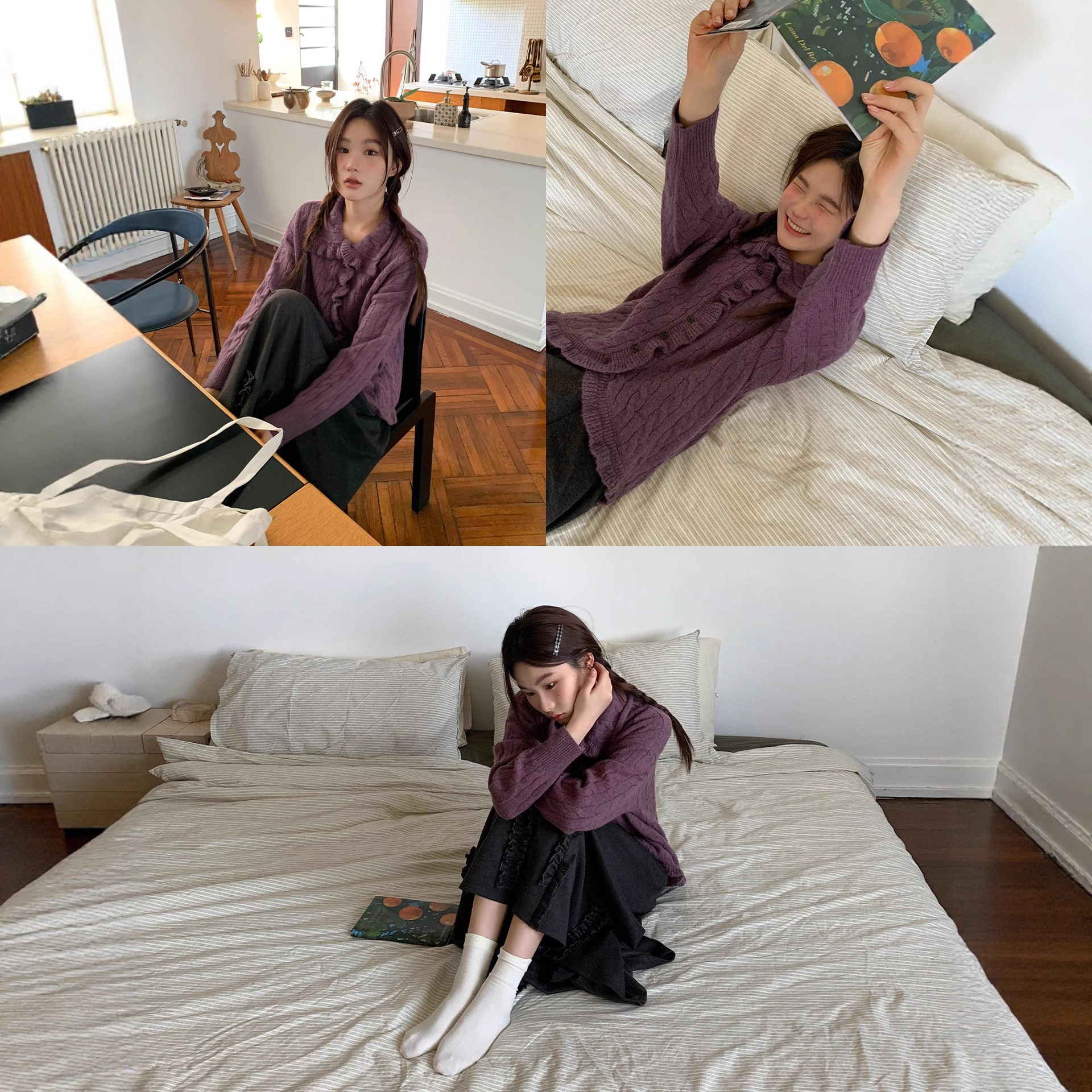 你好卡农 重工荷叶边领麻花针织开衫女秋季小众休闲软糯套头毛衣