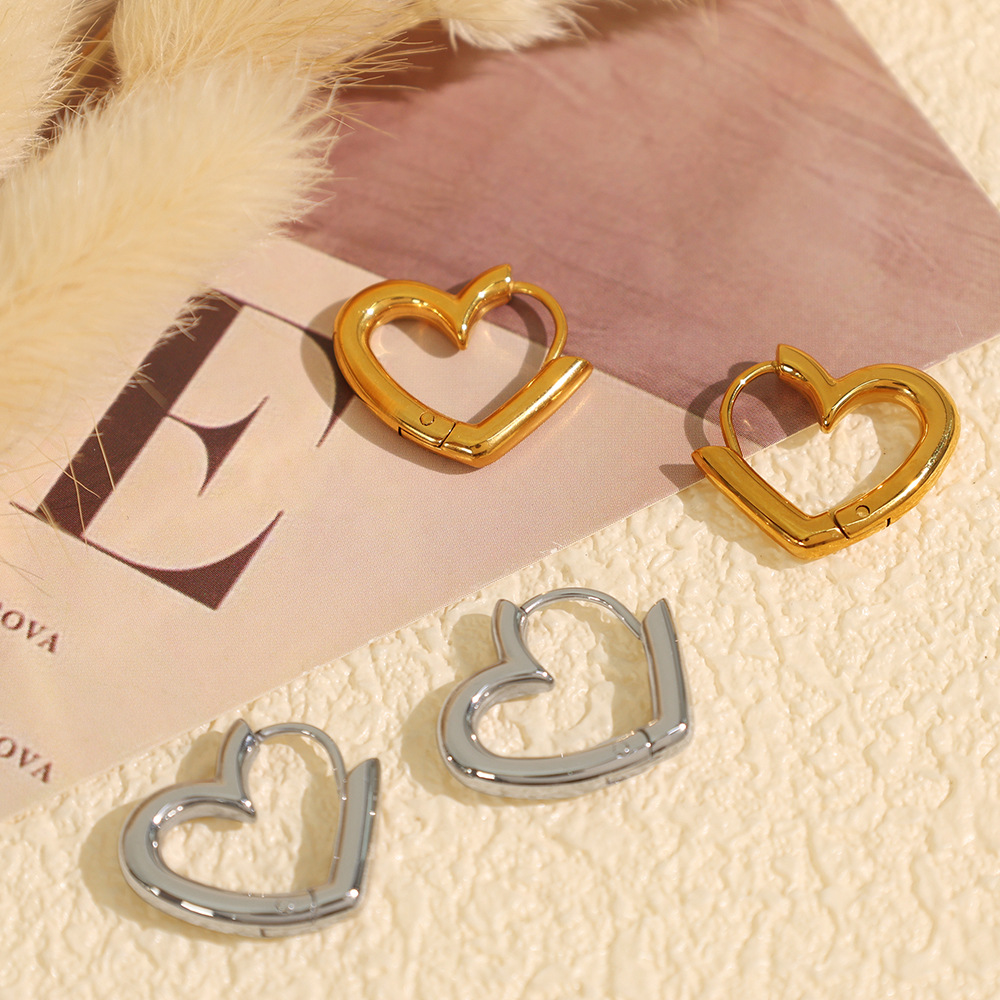 1 Pair Simple Series Simple Heart Stainless Steel 18K Gold Plated Women Hoop Earrings h5 Picture6