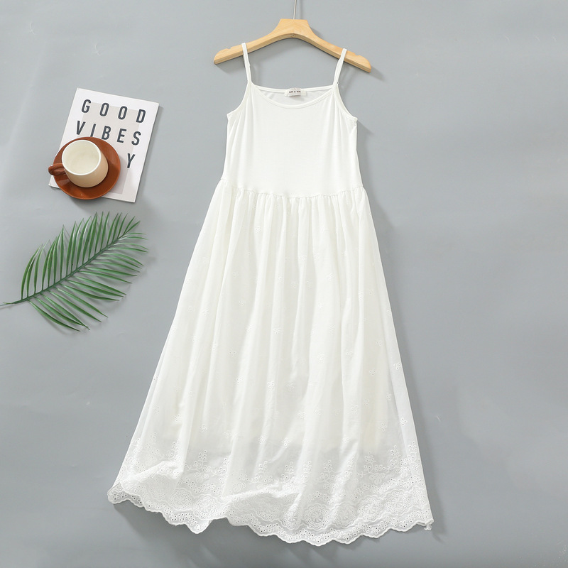 Cotton Embroidered Circle Flower Dress, Fashionable Splicing High-Waisted Suspender Skirt, Summer Slimming and Age-Reducing Versatile Long Skirt