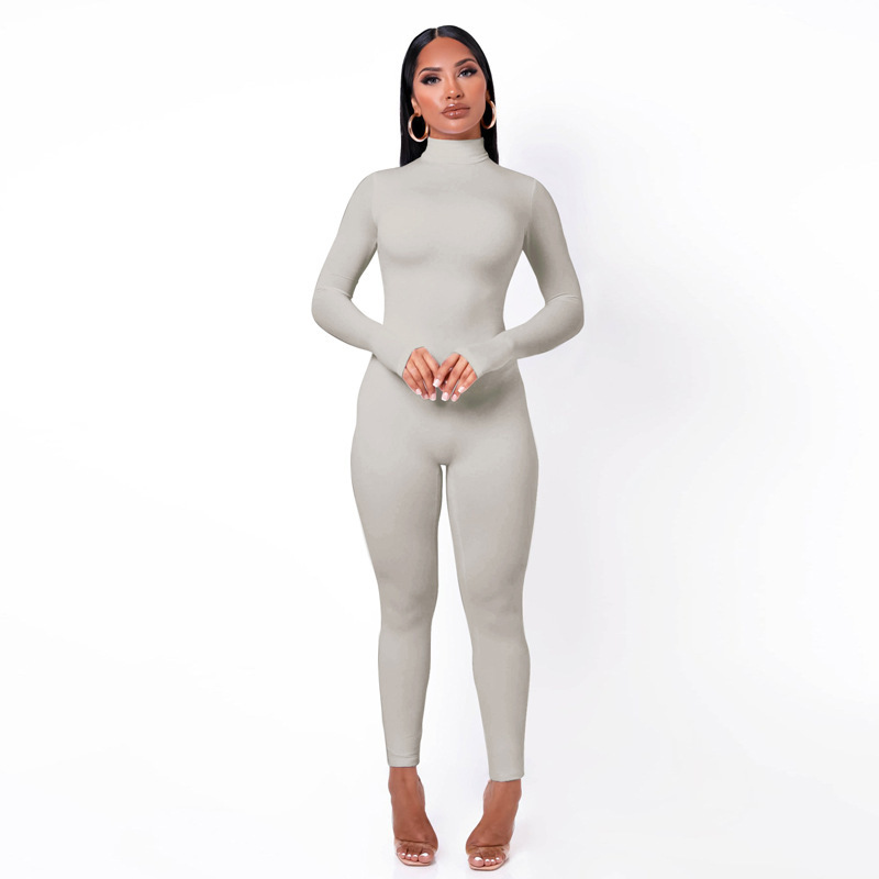 Solid Color Tight-Fitting High Neck Long Sleeve Jumpsuit NSYOM111175