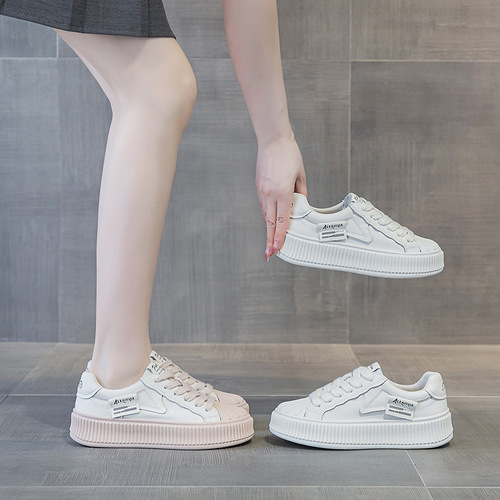 Shell toe white shoes for women 2024 spring and summer new style genuine leather breathable and comfortable casual shoes thick sole heightening lace-up sneakers