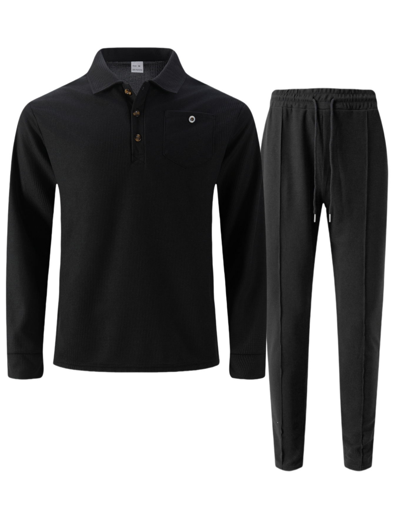 Men's Waffle Knit Shirt And Trousers Suit Casual Long Sleeve Set_voghion.com