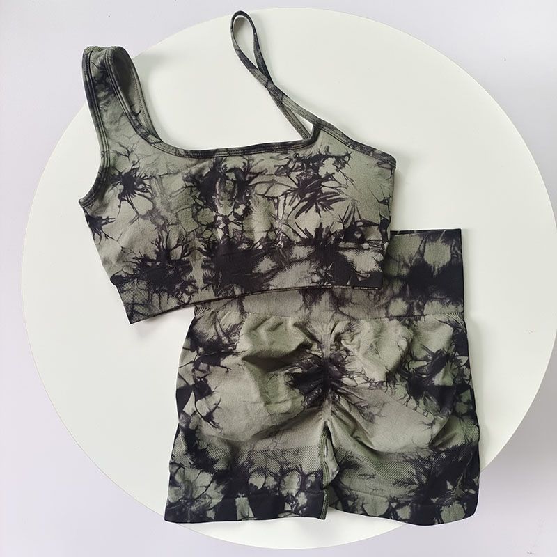 Cintura alta, cadera, melocotón, traje de teñido anudado deportivo, traje de yoga de hombro inclinado a prueba de golpes para mujer