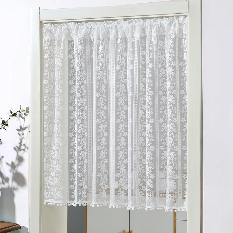 French Retro Lace Door Curtain Gauze Curtain Partition Curtain Home Punch-free Half Curtain Curtain Translucent Gauze Feng Shui Curtain Rod