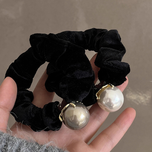 Autumn/Winter Velvet Black Hair Ring for Women  New Style Hair Tie with High-End Pearl Hair Flowers and Hair Ribbon Wide Elastic Band