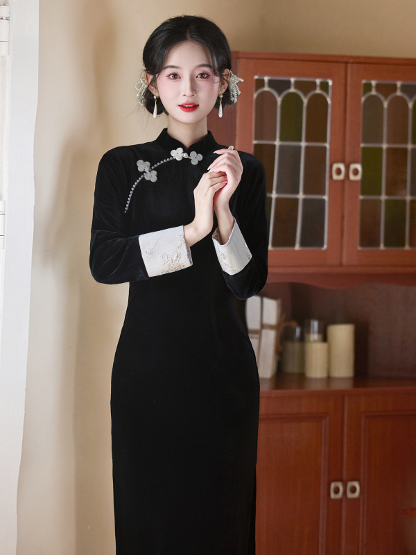 黑色旗袍2025新款女新中式秋冬季长袖改良优雅气质高级感显瘦修身|undefined
