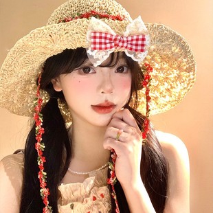 Bow Flower Strap Straw Hat for Women Summer Seaside Beach Vacation Sun Hat Large Brim Sun Protection Hat