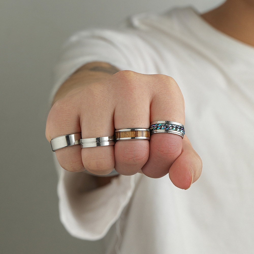 Stackable Men's Rings Set Stainless Steel Wood Grain Band Rings_voghion.com