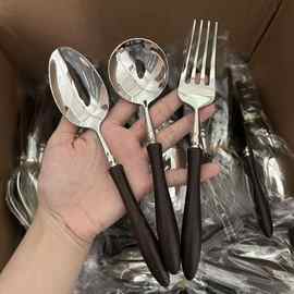 牛排西餐刀叉勺子ins风家用套装不锈钢木柄复古勺子甜品叉子餐具