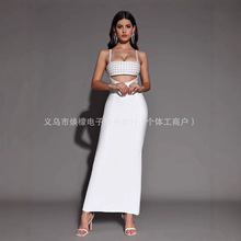 现货外贸独立站高端欧美女装白色珠片吊带镂空收腰针织绷带晚礼服