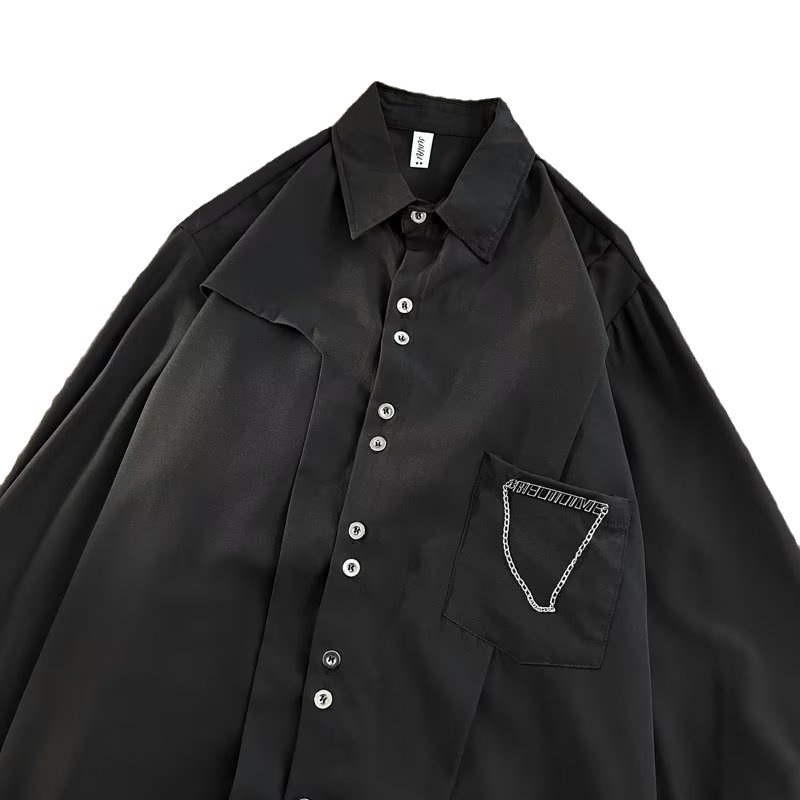 Erkek Zincir Detaylı Uzun Kollu Sokak Giyimi Gömlek Büyük Boy Düğmeli, Çıkarılabilir Aksesuarlı Gömlek (Siyah/Beyaz, M-3XL)_voghion.com