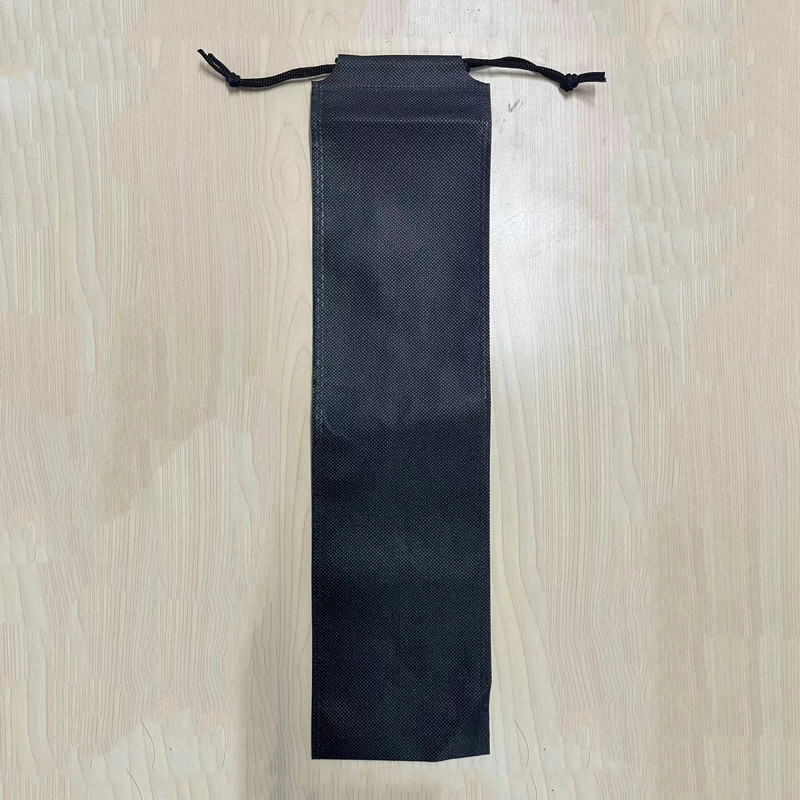 Black Non-Woven Drawstring Pouch with Leather Strap, Wallet Gift Bag, Thickened Outdoor Tableware Dustproof Storage Bag