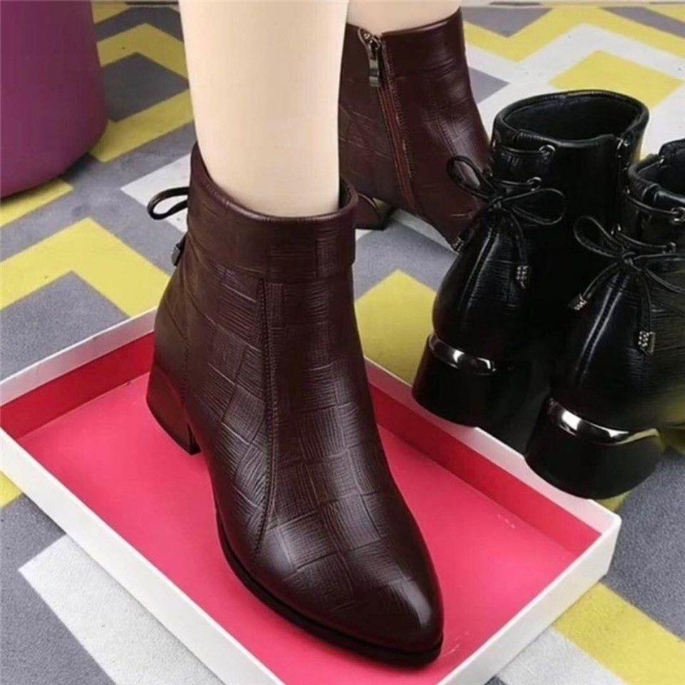[Bowknot] Pointed toe short boots women'...