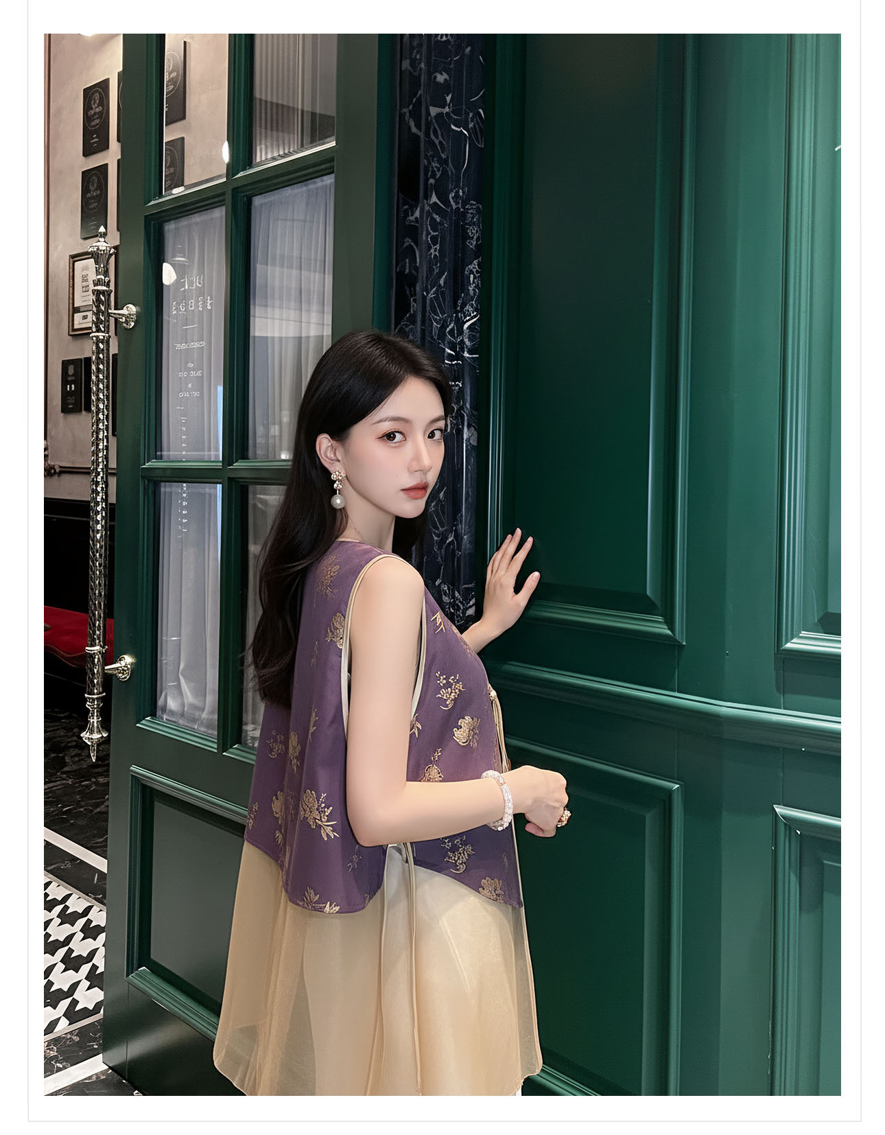 Áo gile nữ phong cách quốc phong phối ren hoa văn vải satin — màu tím chi tiết 12