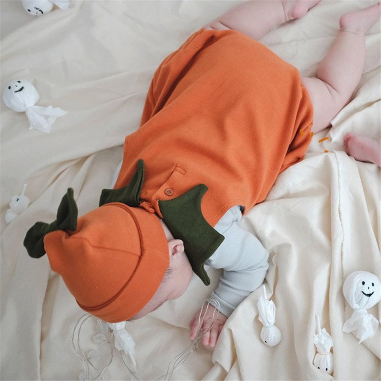 INSタイプの子供服男女赤ちゃん乳幼児かぼちゃノースリーブワンピース帽子付き