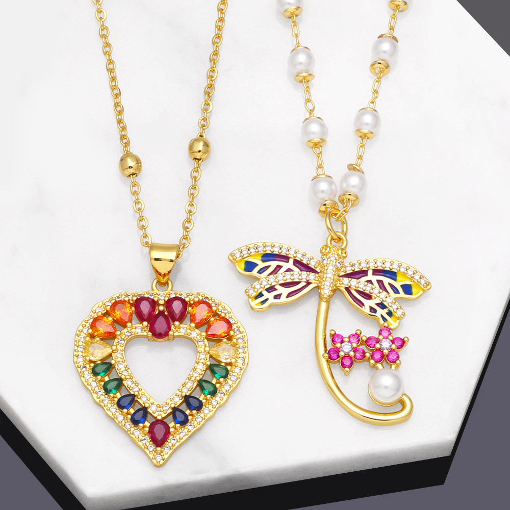 Fashion Heart Shape Dragonfly Copper Pendant Necklace Inlay Pearl Zircon Copper Necklaces