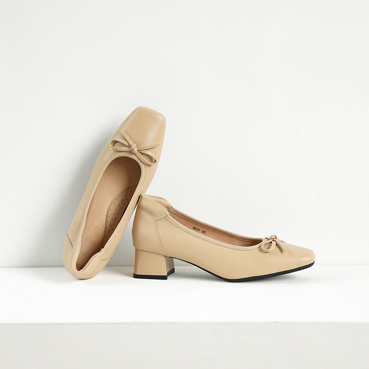 Foreign Trade New High-Heeled Shoes, Thick-Heeled Genuine Leather Women's Shoes, Medium-Heeled Square-Toe Flats, Black Soft-Soled Work Small Leather Shoes