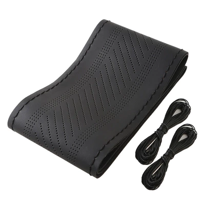 Steering wheel cover wheel cover leather non-slip men's - black-embossed-3-38cm