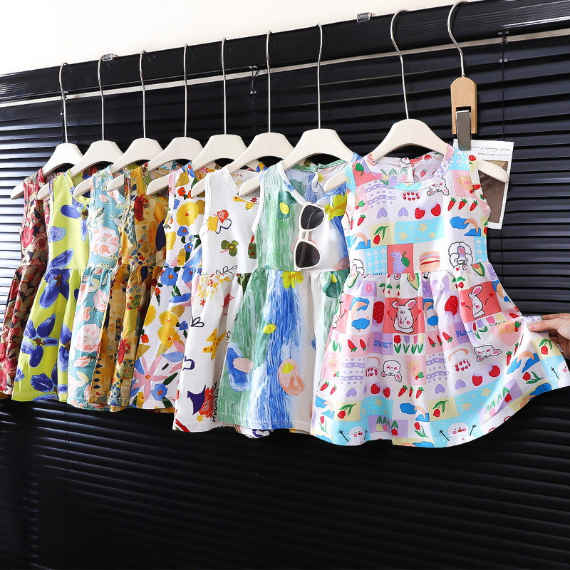 Children's Clothing, Girls' Cartoon Print Dress, Versatile and Sweet Kids' Dress, A-Line Dress, Summer Girl Outfit
