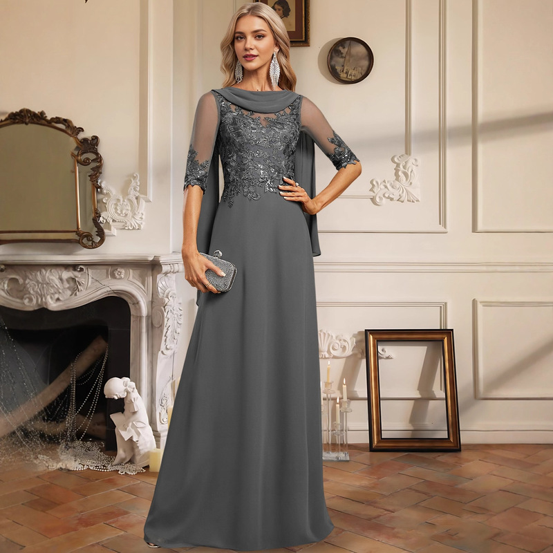 Cross-Border Amazon Evening Dress for Women A-Line Round Neck Floor-Length Lace Sequin Chiffon Prom Wedding Dress Foreign Trade Bridesmaid Cross-Border Amazon Evening Dress for Women A-Line Round Neck Floor-Length Lace Sequin Chiffon Prom Wedding Dress Foreign Trade Bridesmaid