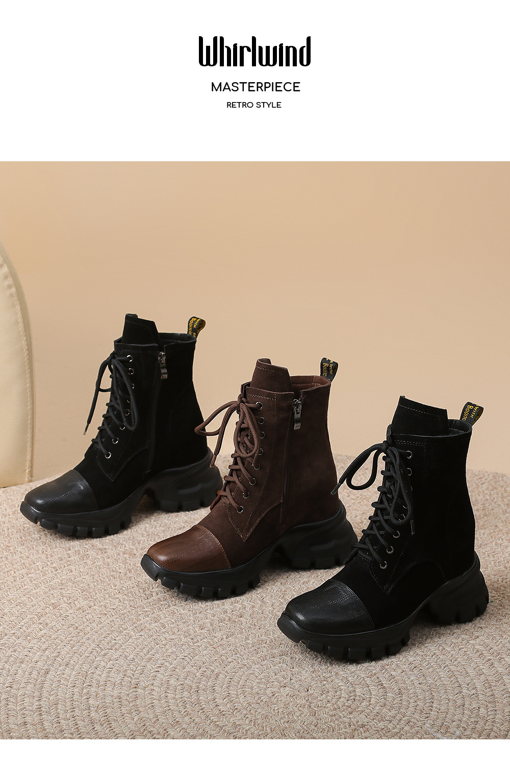 Boot cổ ngắn nữ buộc dây phong cách retro, gót 10 cm — Lớp lót nhung đen chi tiết 11