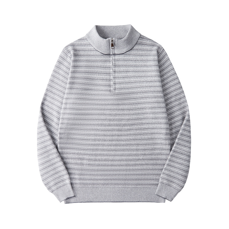 Maglione invernale da uomo in maglia jacquard con cerniera, motivo a blocchi di colore e a righe, strato di base spesso da 320 g, vestibilità ampia e collo alto._voghion.com